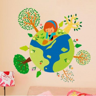 Green Earth Flowers,Girls and Trees Planted Stickers 